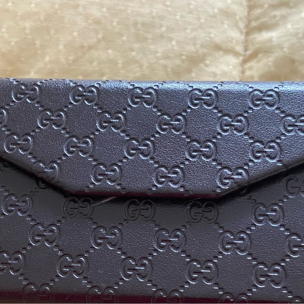 Gucci Dark Brown Embossed Leather Eyeglass Case- Luxury